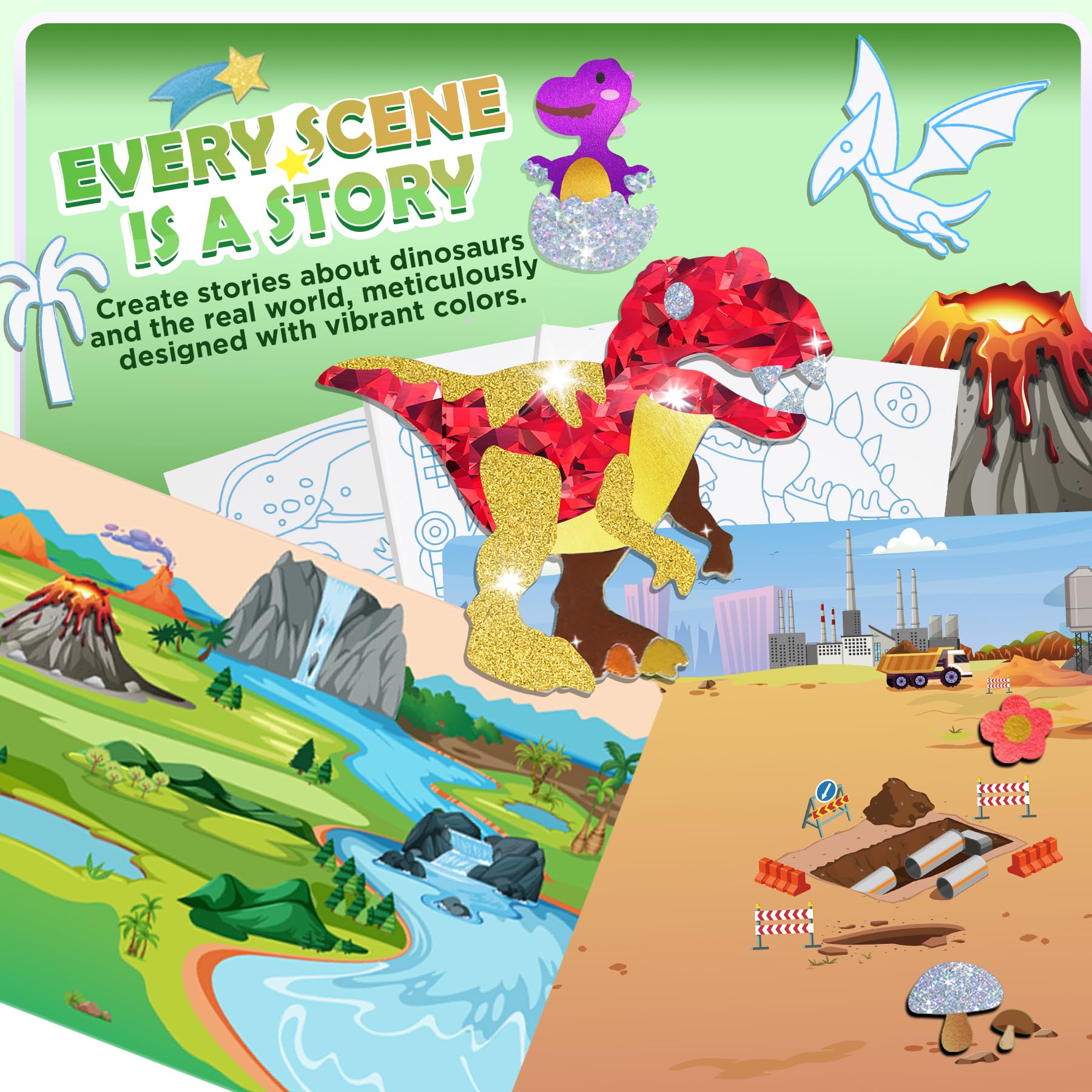 2-in-1 Foil Art Craft Kit - Dinosaur & Space Sticker Coloring Activity for Kids Ages 4-10