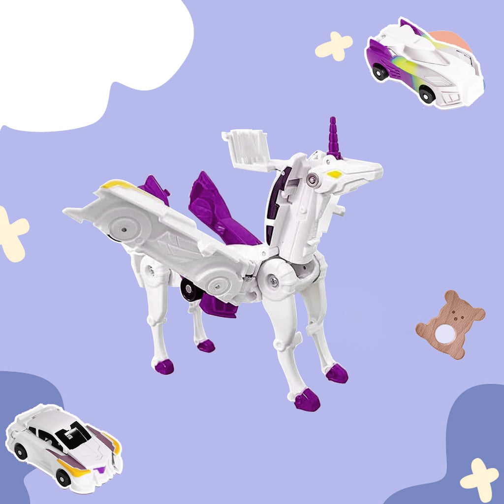 2-in-1 Magnetic Collision Transforming Cars Toy – Unicorn Robot Car for Kids Ages 2-12, No Batteries Required, Purple