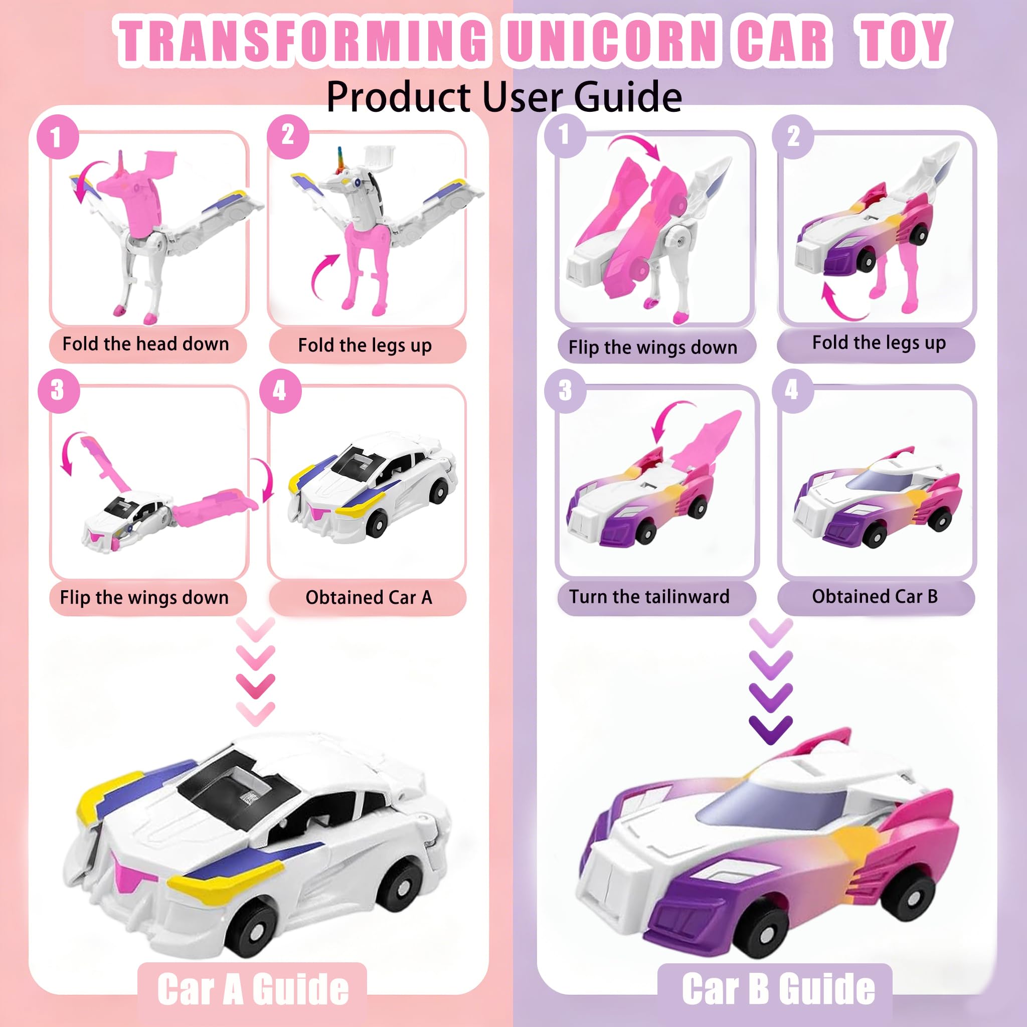2-in-1 Magnetic Crash Transform Unicorn Car Toy - Dazzle Pink, No Batteries, Ages 2-12