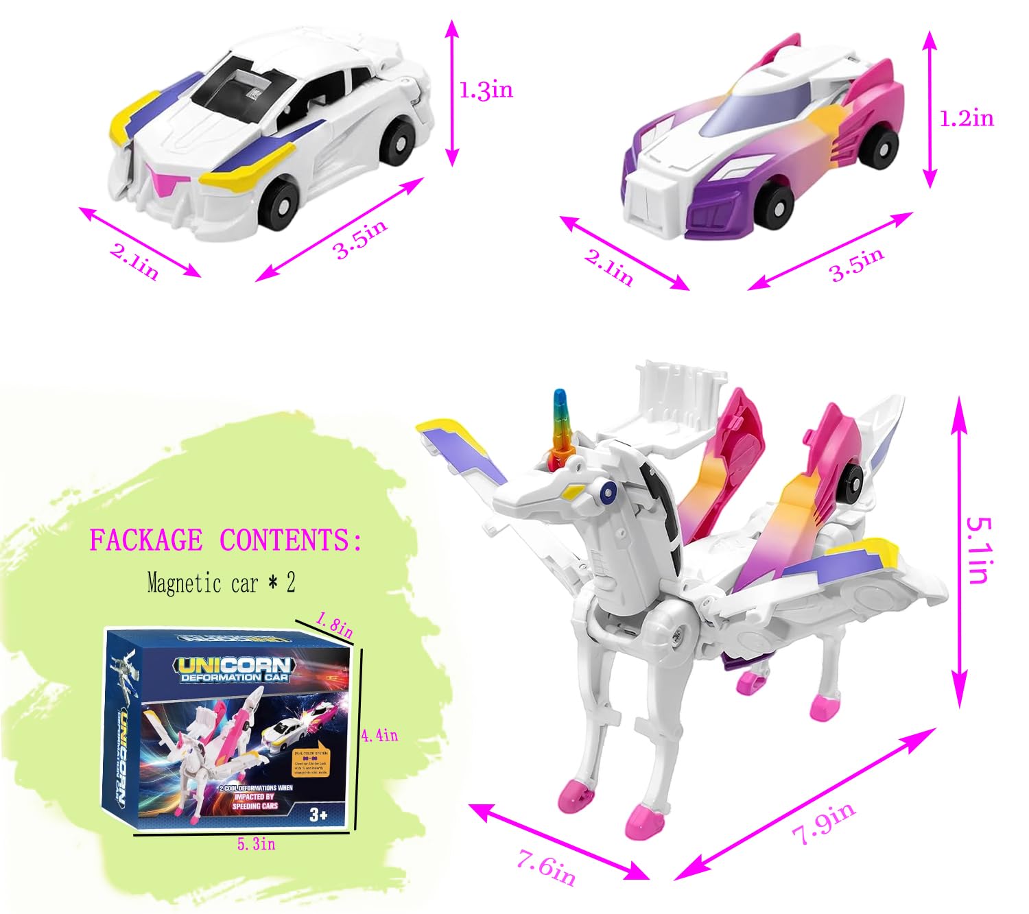 2-in-1 Magnetic Crash Transform Unicorn Car Toy - Dazzle Pink, No Batteries, Ages 2-12