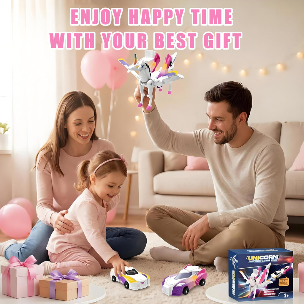 2-in-1 Magnetic Crash Transform Unicorn Car Toy - Dazzle Pink, No Batteries, Ages 2-12