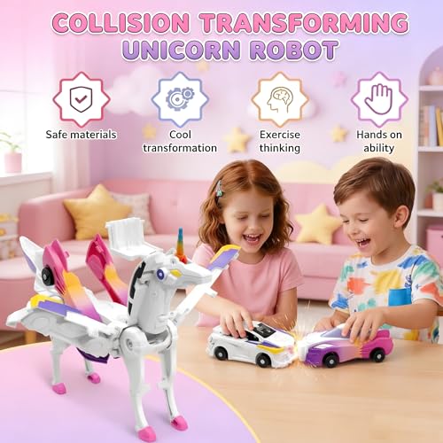 2-in-1 Magnetic Crash Transform Unicorn Car Toy - Dazzle Pink, No Batteries, Ages 2-12