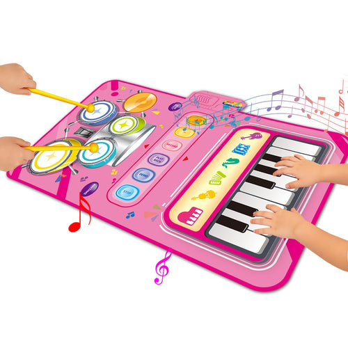 2 in 1 Piano Mat & Drum Toy for 1 Year Old Girl Gift - Montessori Educational Musical Playmat for Toddlers