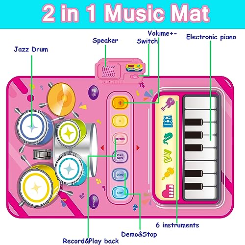 2 in 1 Piano Mat & Drum Toy for 1 Year Old Girl Gift - Montessori Educational Musical Playmat for Toddlers