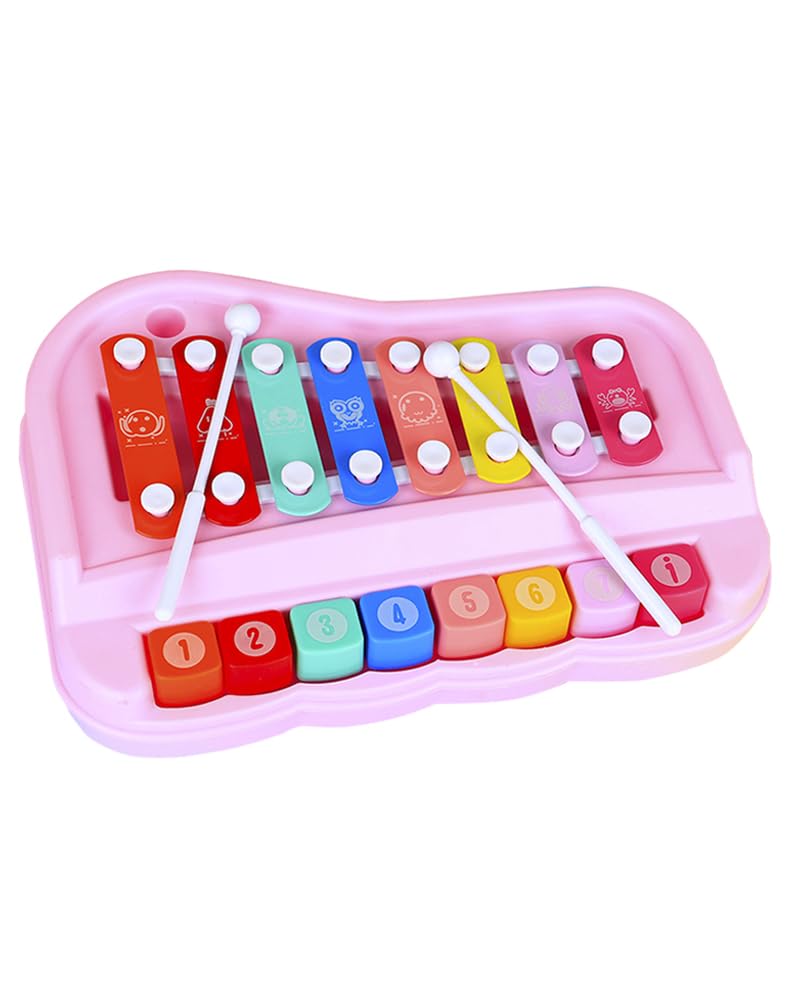 2-in-1 Piano Xylophone for Toddlers, 8 Key Musical Toy with Mallets (Pink)