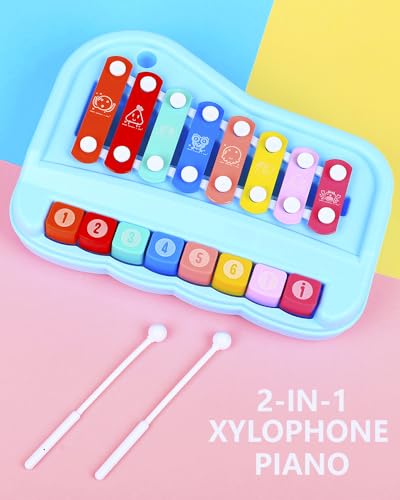 2-in-1 Piano Xylophone for Toddlers, 8 Key Musical Toy with Mallets (Pink)