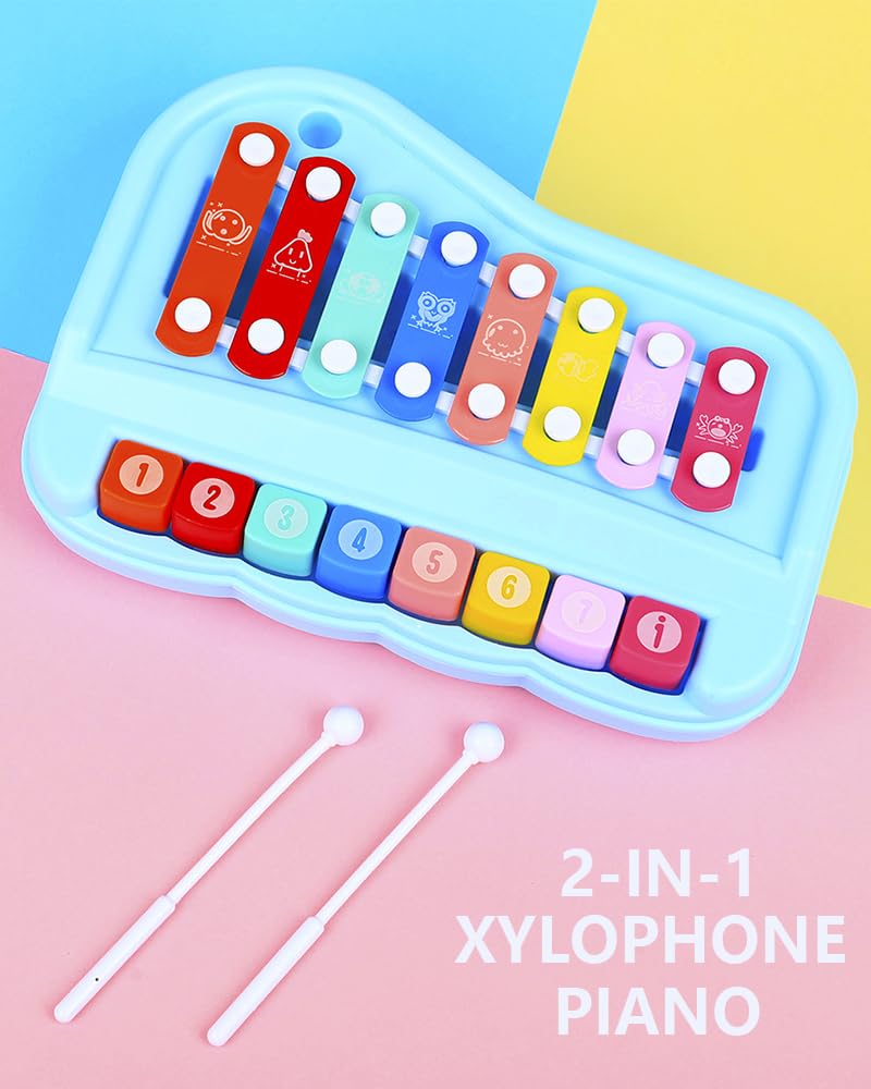 2-in-1 Piano Xylophone for Toddlers, 8 Key Musical Toy with Mallets (Pink)