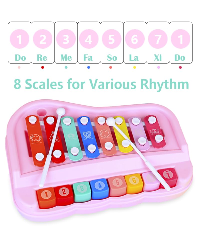 2-in-1 Piano Xylophone for Toddlers, 8 Key Musical Toy with Mallets (Pink)