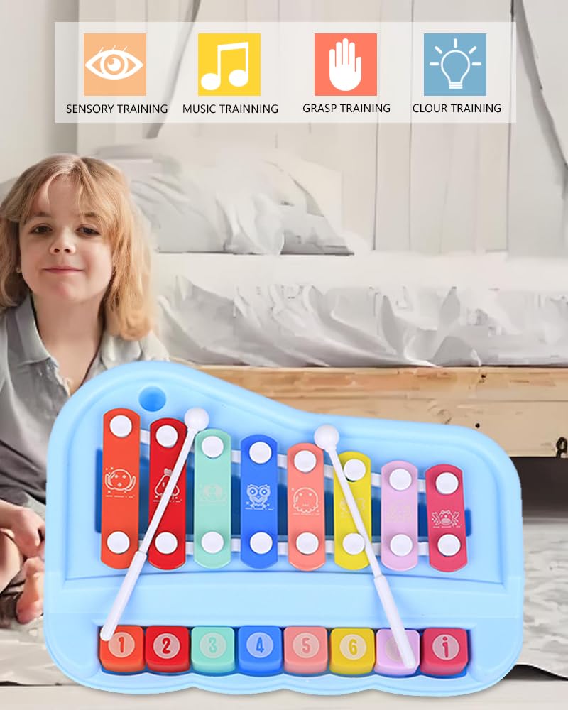 2-in-1 Piano Xylophone for Toddlers, 8 Key Musical Toy with Mallets (Pink)