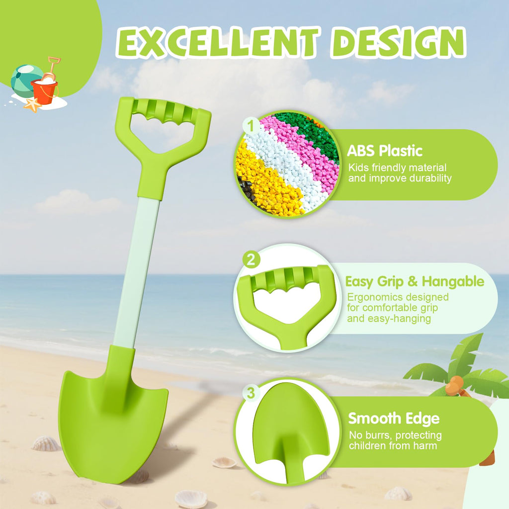 2-Pack 20-Inch Green Kids Beach Shovels - Heavy Duty Plastic Sand Scoops for Sandbox, Garden & Snow