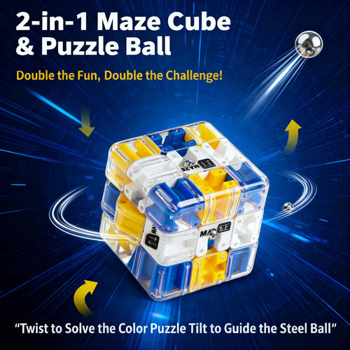 2-Pack 3D Maze Cube Puzzle Battle Set – 2-in-1 Twist & Roll Brain Teaser for Kids Teens (Blue & Yellow)