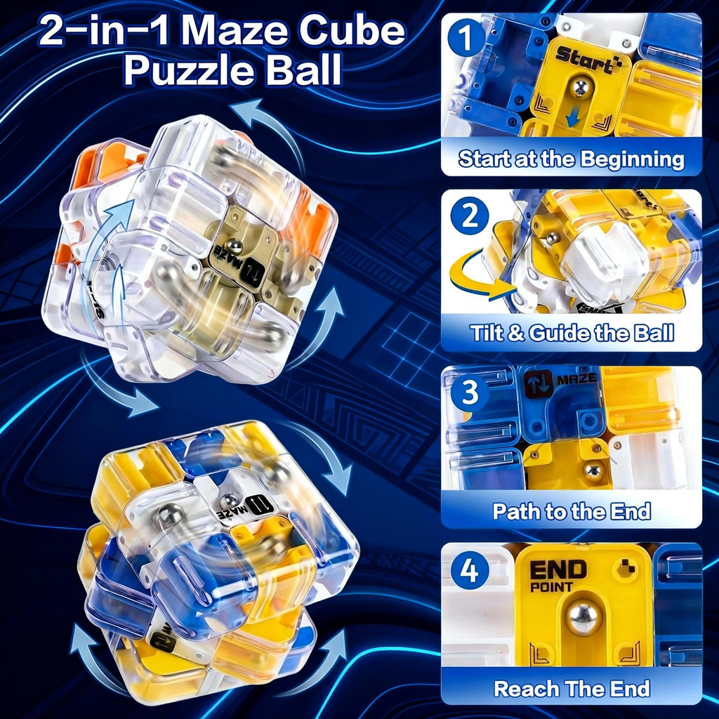 2-Pack 3D Maze Cube Puzzle Battle Set – 2-in-1 Twist & Roll Brain Teaser for Kids Teens (Blue & Yellow)
