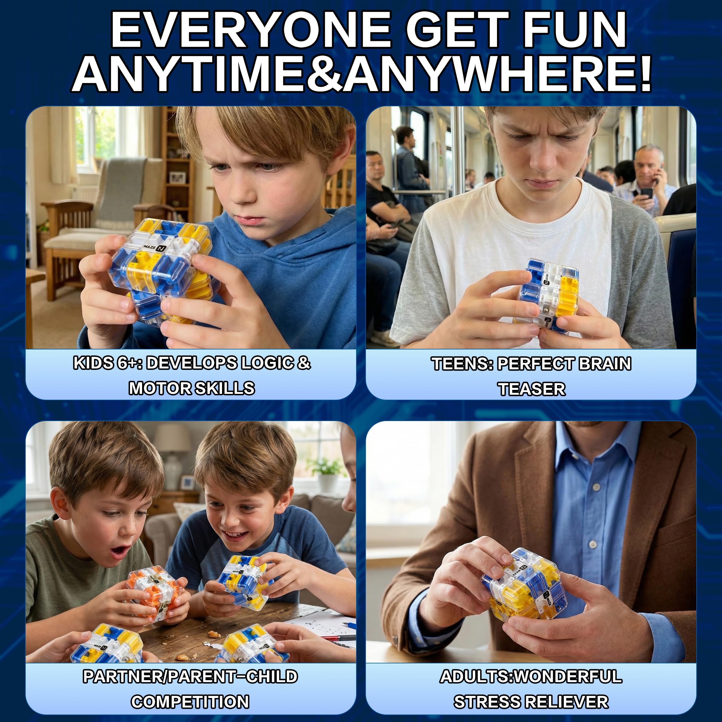 2-Pack 3D Maze Cube Puzzle Battle Set – 2-in-1 Twist & Roll Brain Teaser for Kids Teens (Blue & Yellow)