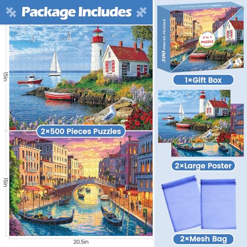 2-Pack 500-Piece Jigsaw Puzzles for Adults – Beach and Venice City Scenes, Premium Cardboard, Family Game Night Gift