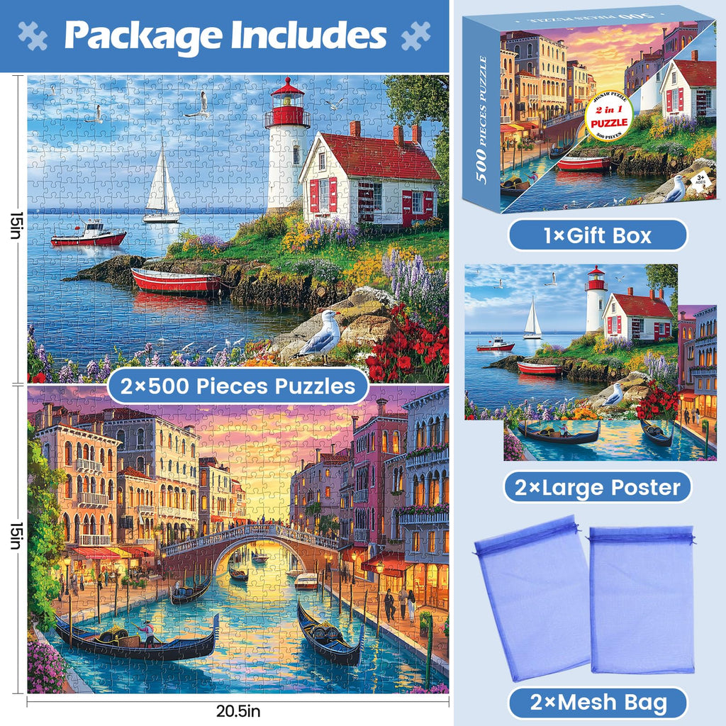 2-Pack 500-Piece Jigsaw Puzzles for Adults – Beach and Venice City Scenes, Premium Cardboard, Family Game Night Gift