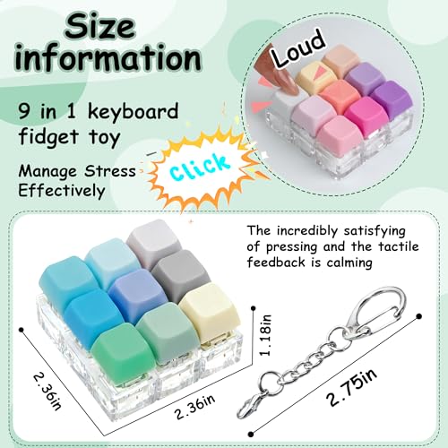 2 Pack 9 in 1 Keyboard Fidget Toy – Stress Relief Clicker Keychain for Anxiety, Mix Blue Pink