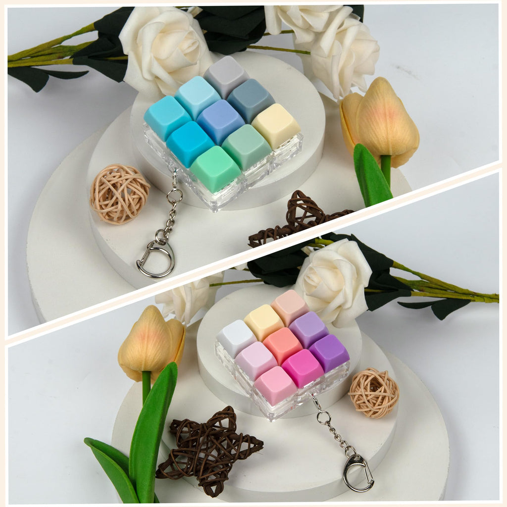 2 Pack 9 in 1 Keyboard Fidget Toy – Stress Relief Clicker Keychain for Anxiety, Mix Blue Pink