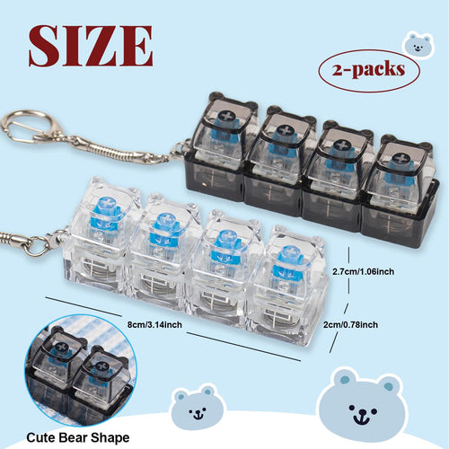 2-Pack Bear Keyboard Fidget Toy with LED Lights – Cute Clicky Keychain for Stress Relief (Black & White Transparent)