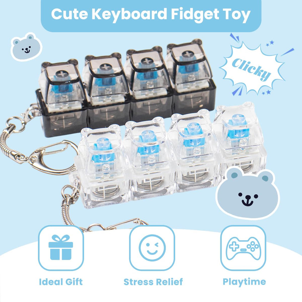 2-Pack Bear Keyboard Fidget Toy with LED Lights – Cute Clicky Keychain for Stress Relief (Black & White Transparent)