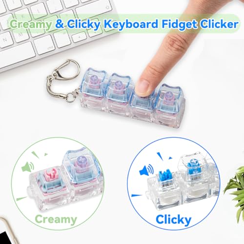 2-Pack Cat Keyboard Fidget Keychain: Creamy & Clicky Stress Relief Toy with Light and No Light Versions (White/Blue)