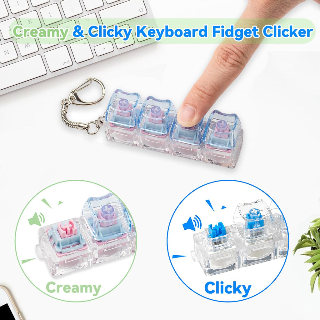 2-Pack Cat Keyboard Fidget Keychain: Creamy & Clicky Stress Relief Toy with Light and No Light Versions (White/Blue)