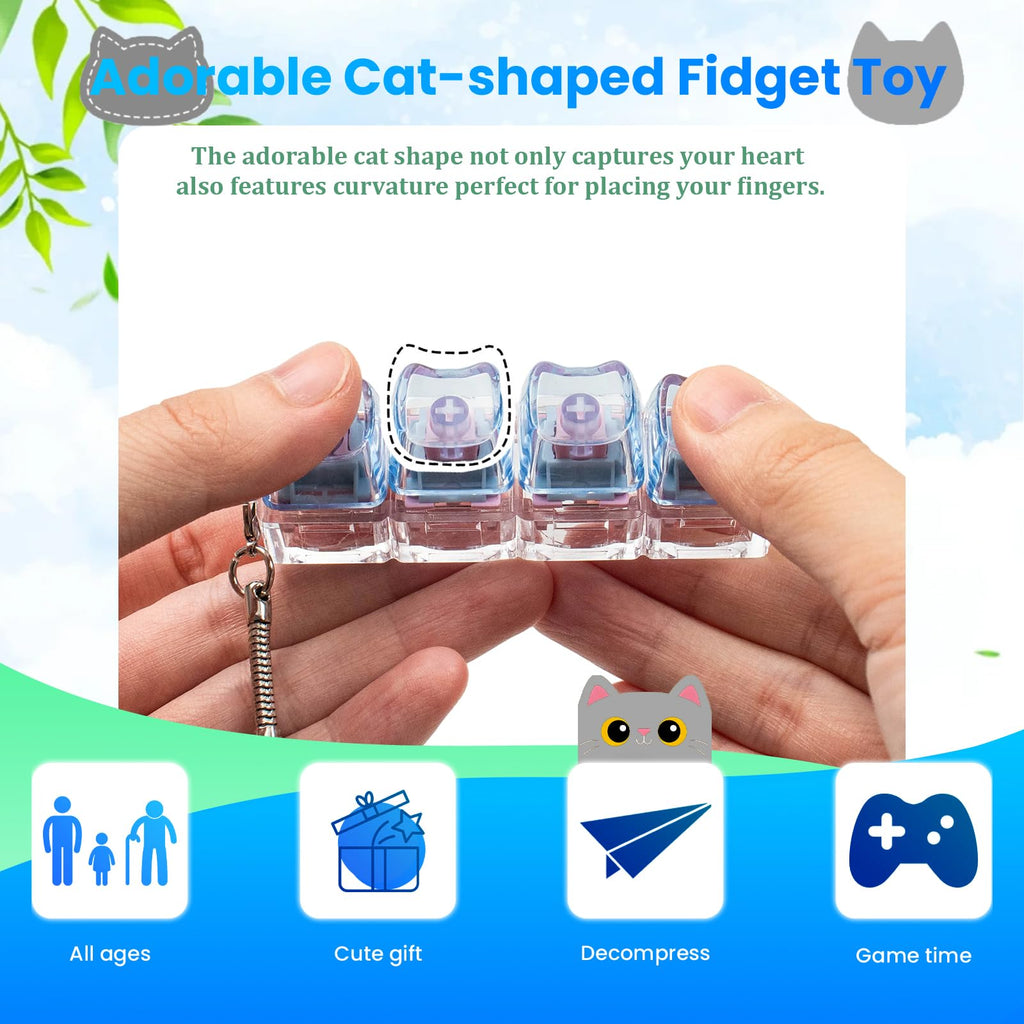 2-Pack Cat Keyboard Fidget Keychain: Creamy & Clicky Stress Relief Toy with Light and No Light Versions (White/Blue)