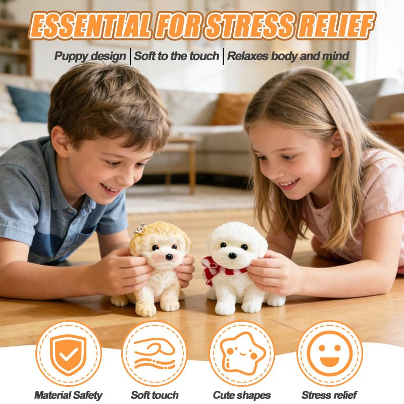 2-Pack Cute Squishy Dog Toys - Handmade Soft Silicone Stress Relief Toy for Kids and Adults (White-Curry)