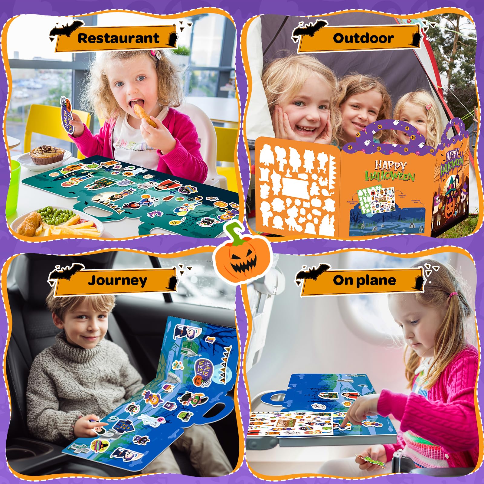 2-Pack Halloween Reusable Sticker Books for Toddlers 1-6: Jelly Stickers for Kids 2-4, Travel Toys and Holiday Gifts