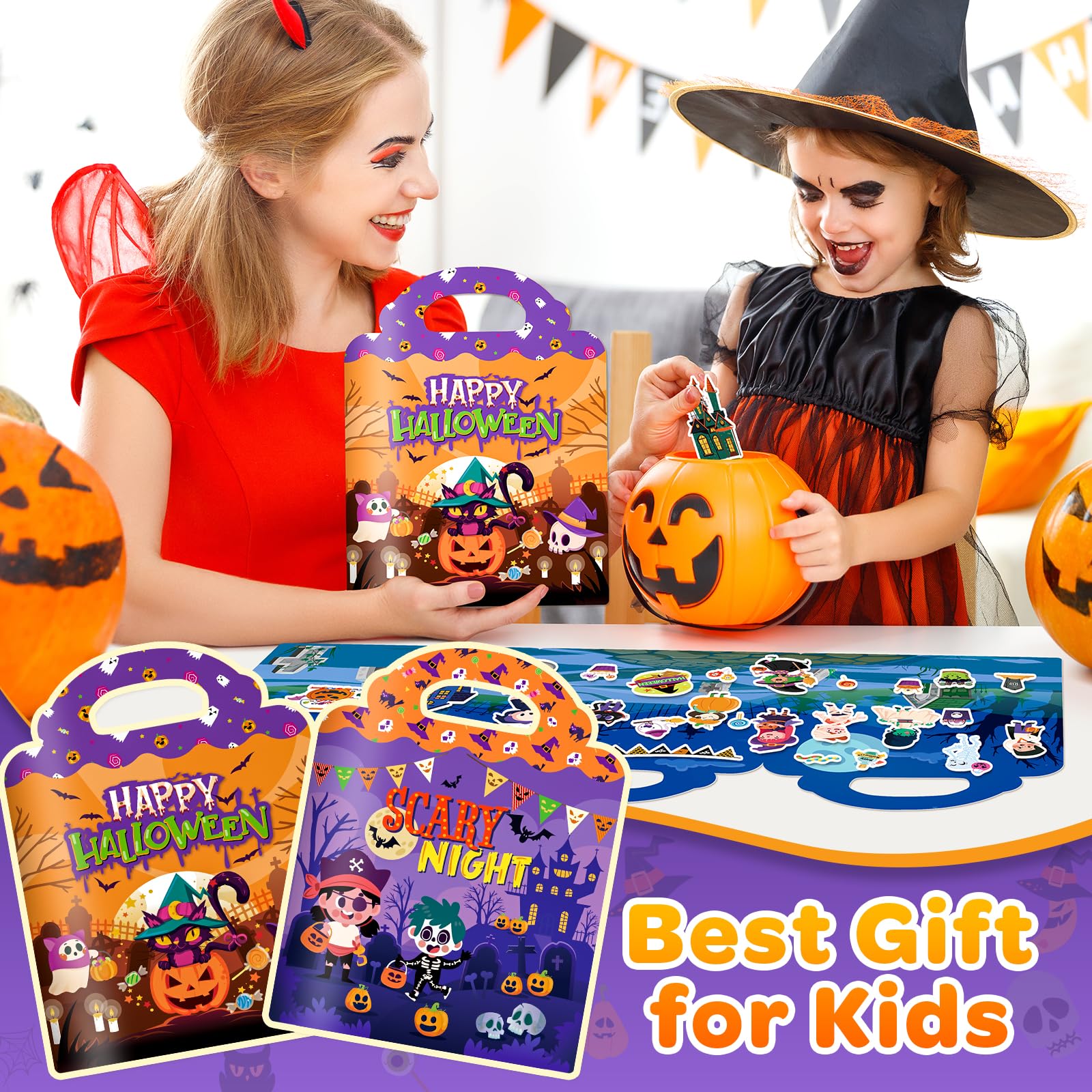 2-Pack Halloween Reusable Sticker Books for Toddlers 1-6: Jelly Stickers for Kids 2-4, Travel Toys and Holiday Gifts
