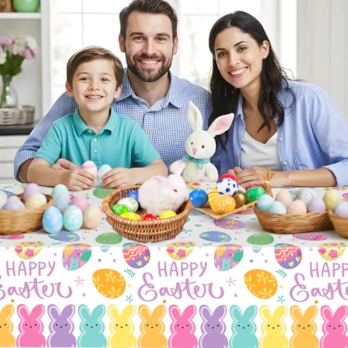 2-Pack Happy Easter Plastic Tablecloth – 108 x 54 Inch Rectangle, Disposable Bunny & Egg Design for Spring Party Decor