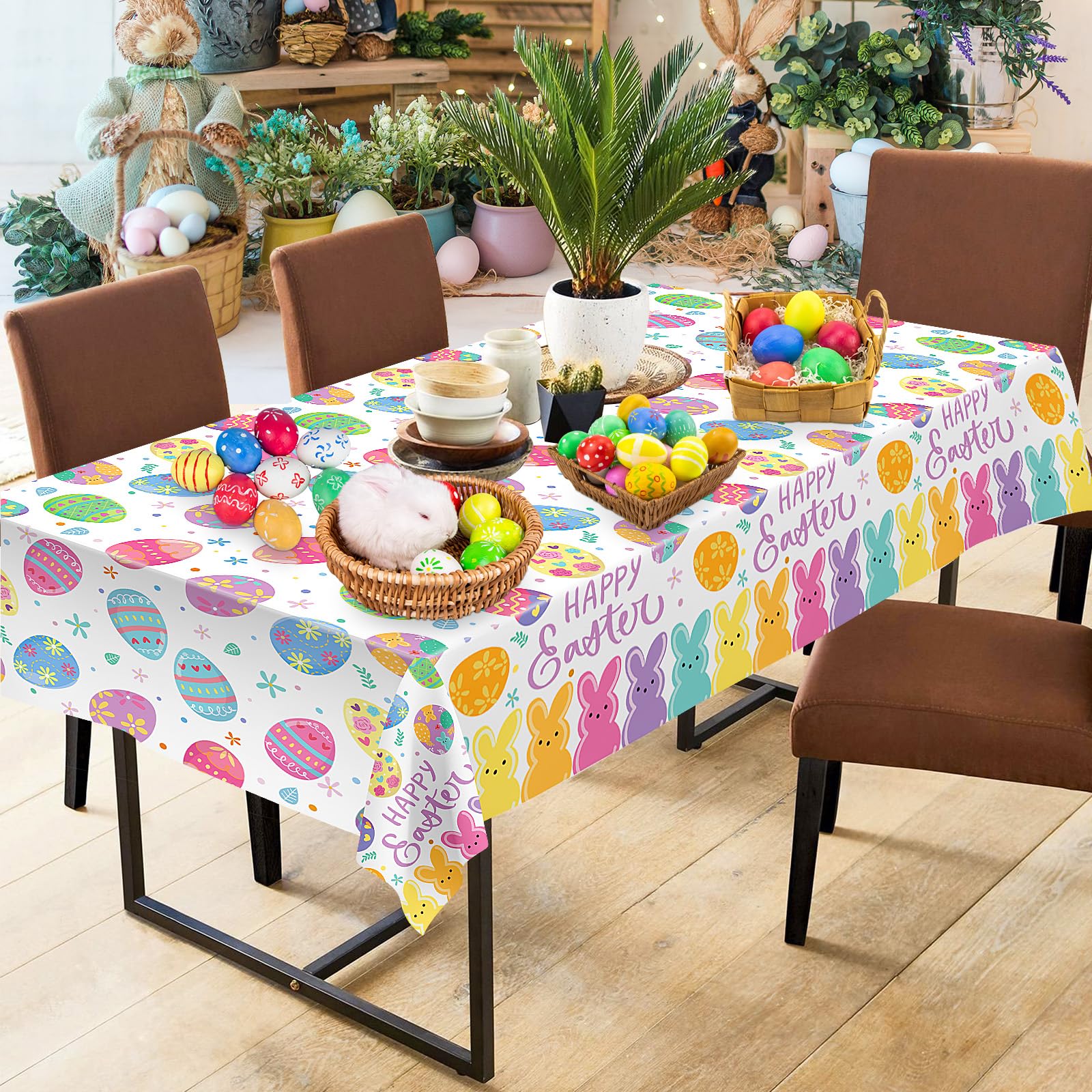 2-Pack Happy Easter Plastic Tablecloth – 108 x 54 Inch Rectangle, Disposable Bunny & Egg Design for Spring Party Decor