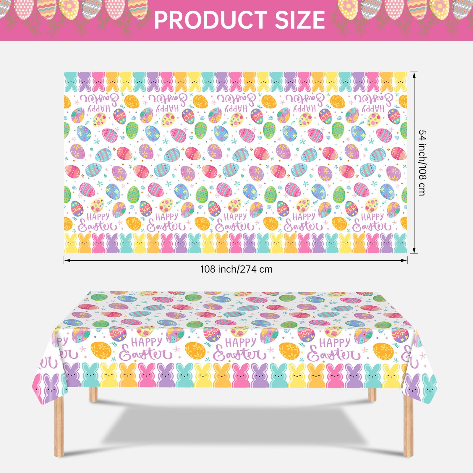 2-Pack Happy Easter Plastic Tablecloth – 108 x 54 Inch Rectangle, Disposable Bunny & Egg Design for Spring Party Decor