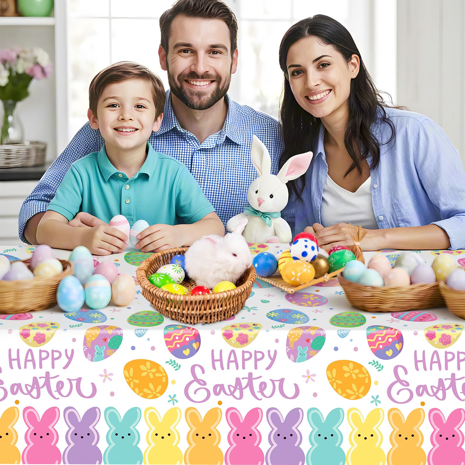 2-Pack Happy Easter Plastic Tablecloth – 108 x 54 Inch Rectangle, Disposable Bunny & Egg Design for Spring Party Decor