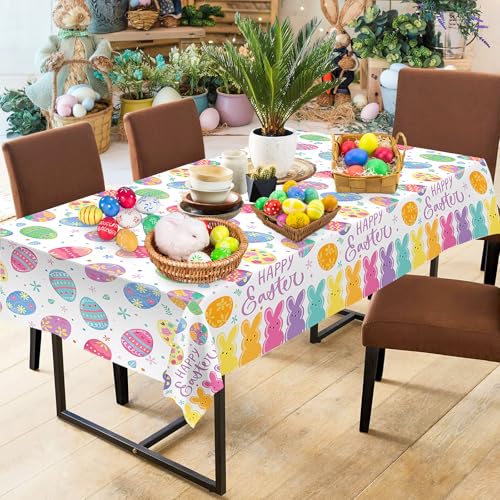 2-Pack Happy Easter Plastic Tablecloth – 108 x 54 Inch Rectangle, Disposable Bunny & Egg Design for Spring Party Decor