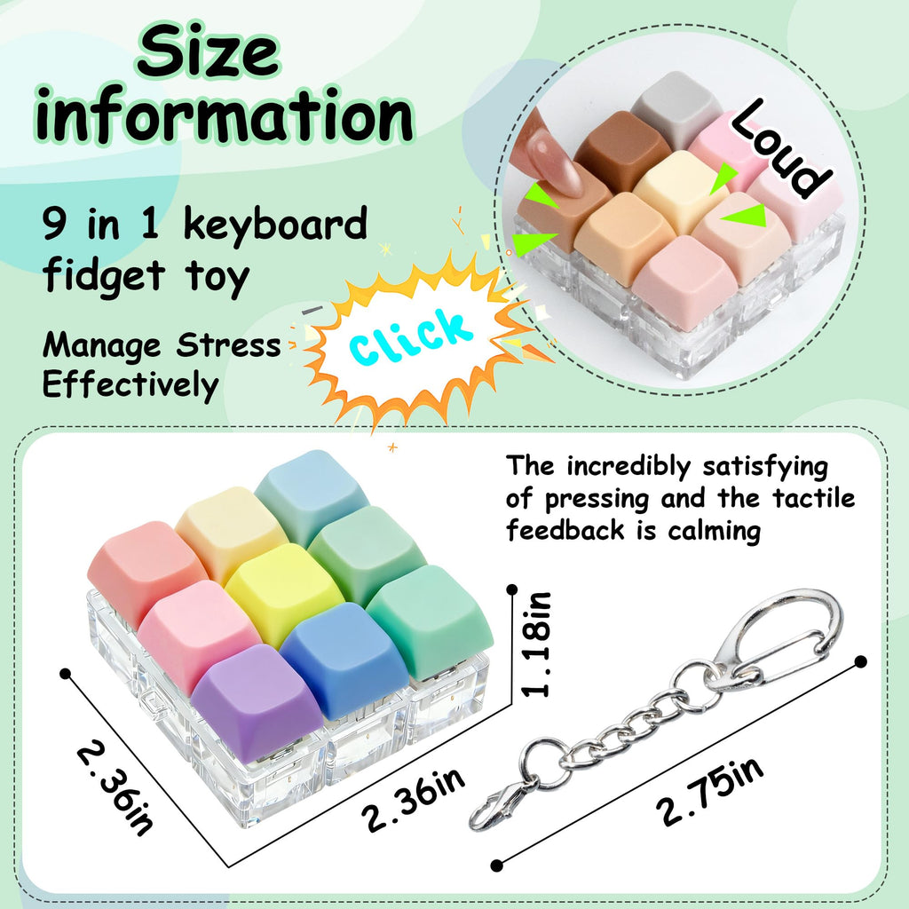 2 Pack Keyboard Fidget Toy – 9 in 1 Clicker Keychain for Stress Relief (Macaron & Morandi)