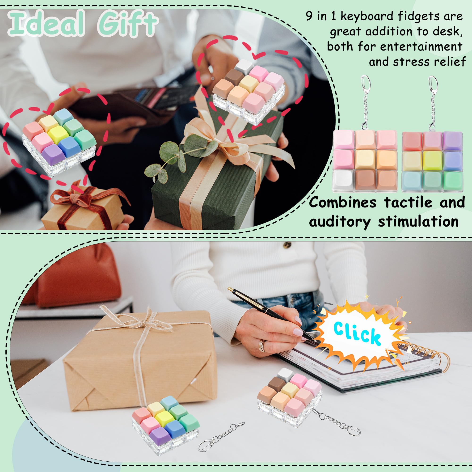 2 Pack Keyboard Fidget Toy – 9 in 1 Clicker Keychain for Stress Relief (Macaron & Morandi)