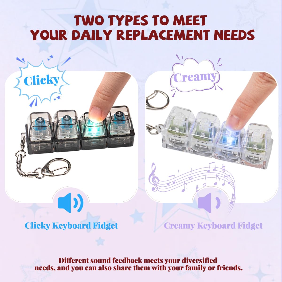 2-Pack Keyboard Fidget Toy for Adults - White Creamy & Black Clicky Keychain with Lights, Stress Relief Sensory Toy from Zioyihan