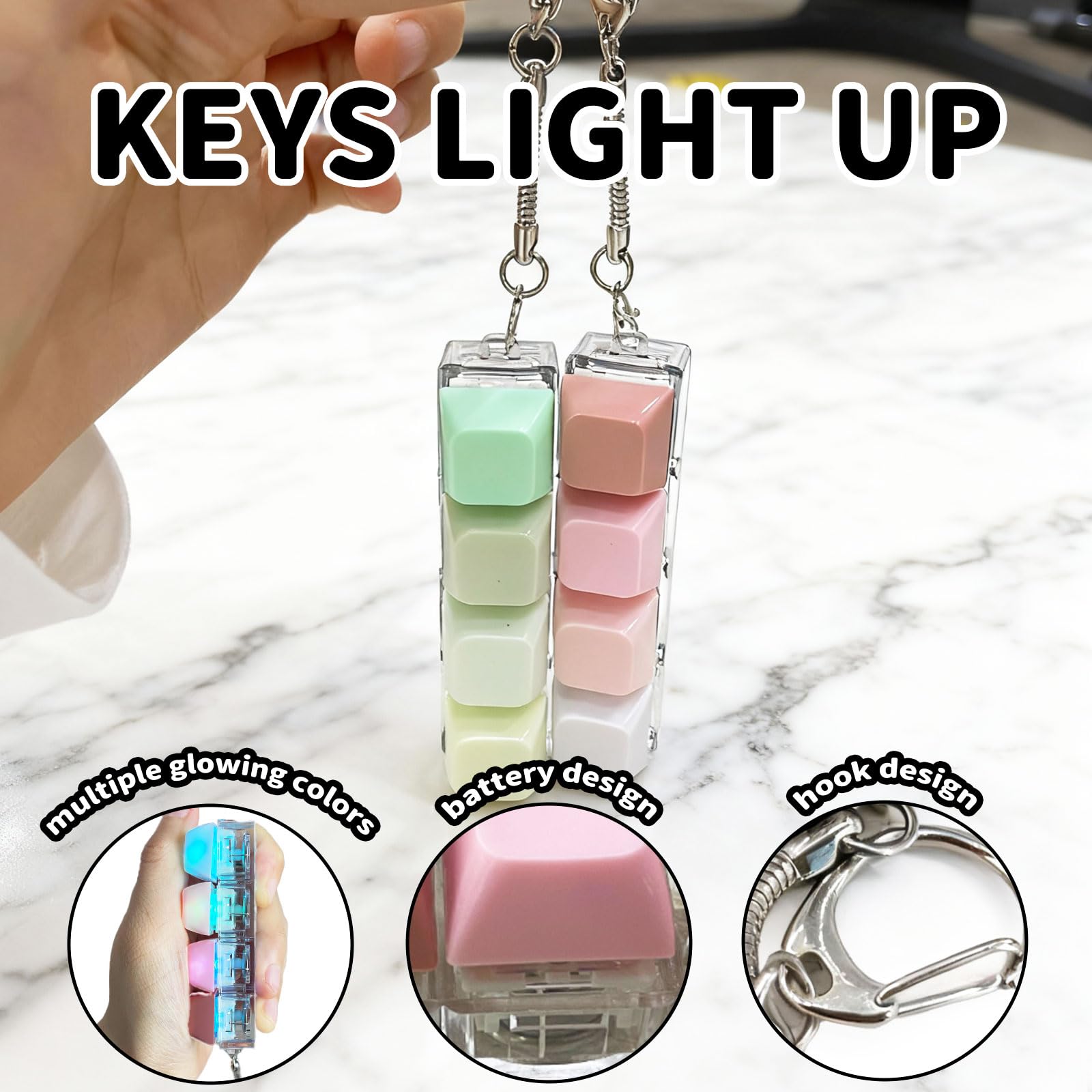 2-Pack LED Keyboard Fidget Keychain with Mechanical Clicks – Macarons