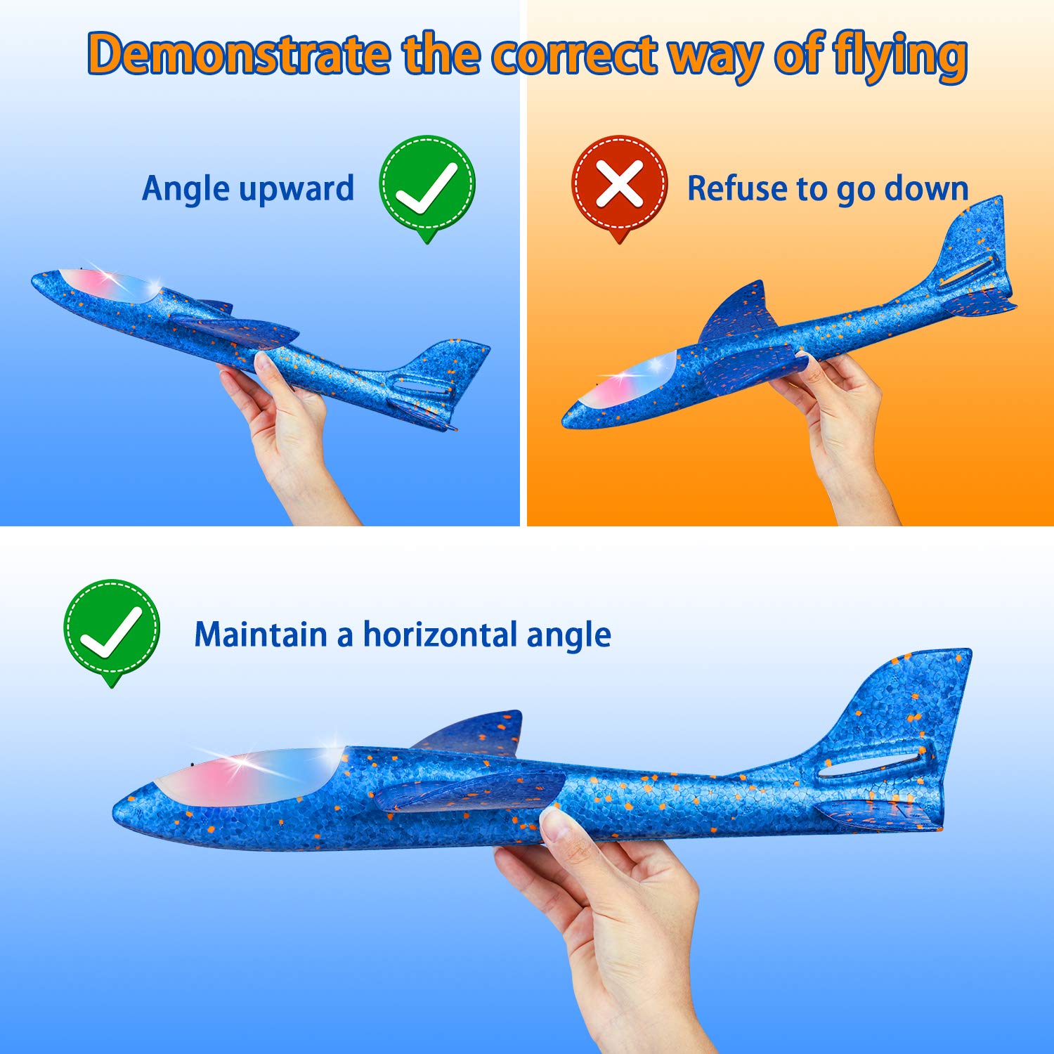 2 Pack LED Light Glider Airplanes – 17.5" Throwing Foam Plane with 2 Flight Modes for Kids Ages 3-9
