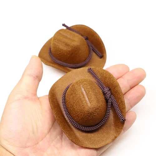 2-Pack Miniature Cowboy Hats 1:6 Scale - Flocked Material Brown & Black for Dollhouse, Fairy Garden, Terrarium Decor