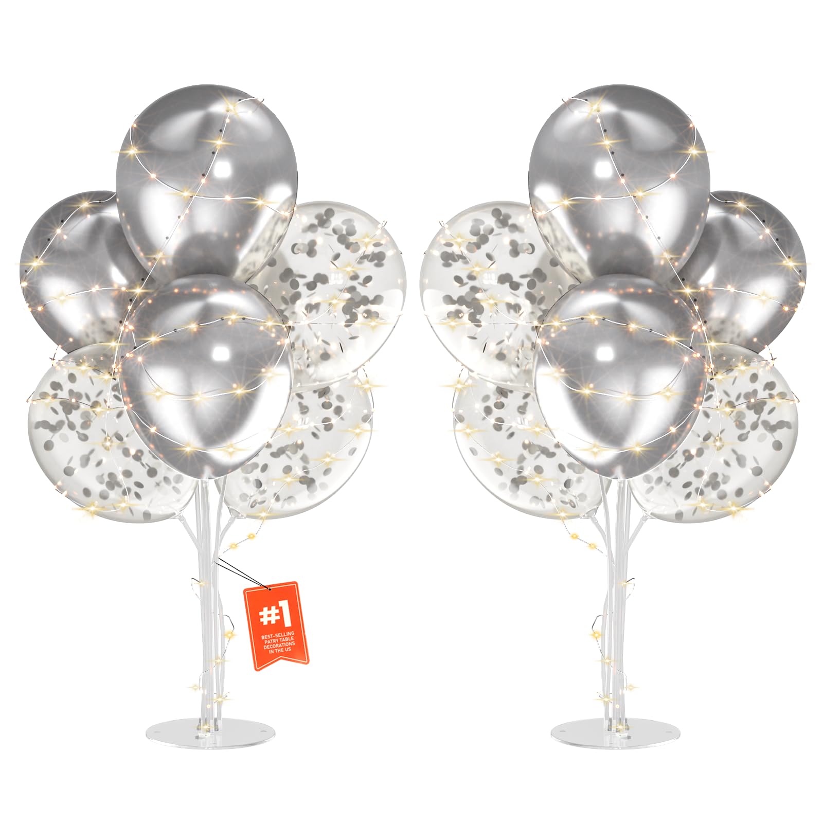 2-Pack Silver Balloon Stand Kit with LED Lights – Table Centerpieces for Birthday, Wedding, Baby Shower Decorations