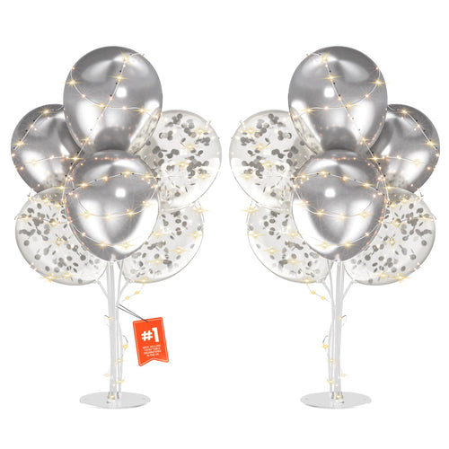 2-Pack Silver Balloon Stand Kit with LED Lights – Table Centerpieces for Birthday, Wedding, Baby Shower Decorations