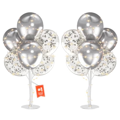 2-Pack Silver Balloon Stand Kit with LED Lights – Table Centerpieces for Birthday, Wedding, Baby Shower Decorations