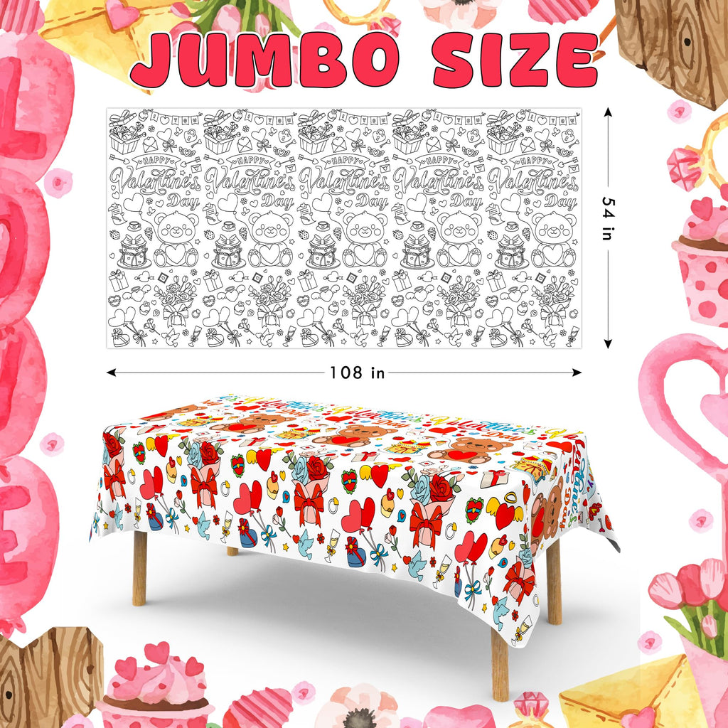 2-Pack Valentines Day Coloring Tablecloth Poster 54x108 Inches - Giant Kids Coloring Banner for Classroom Party Activities & Crafts