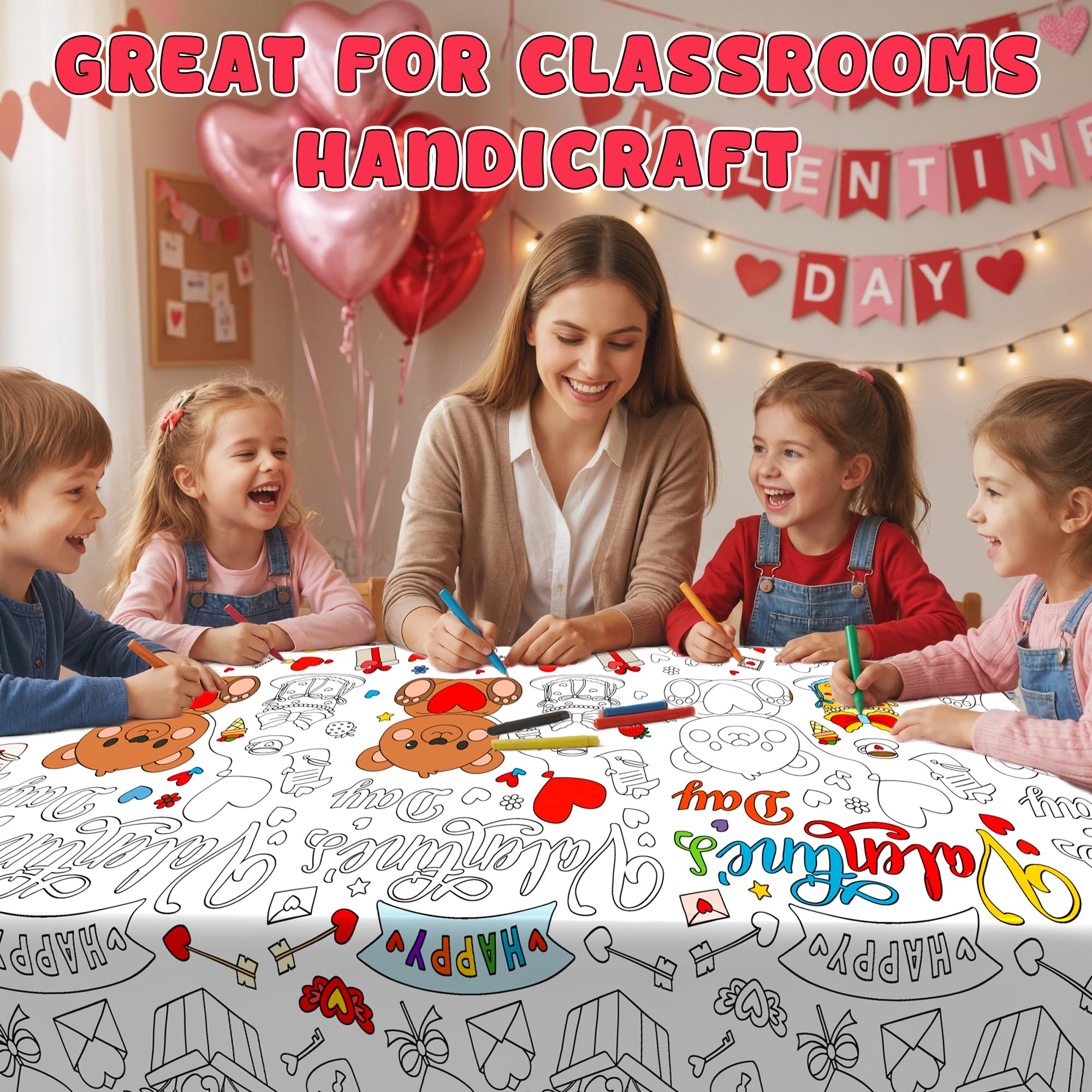 2-Pack Valentines Day Coloring Tablecloth Poster 54x108 Inches - Giant Kids Coloring Banner for Classroom Party Activities & Crafts