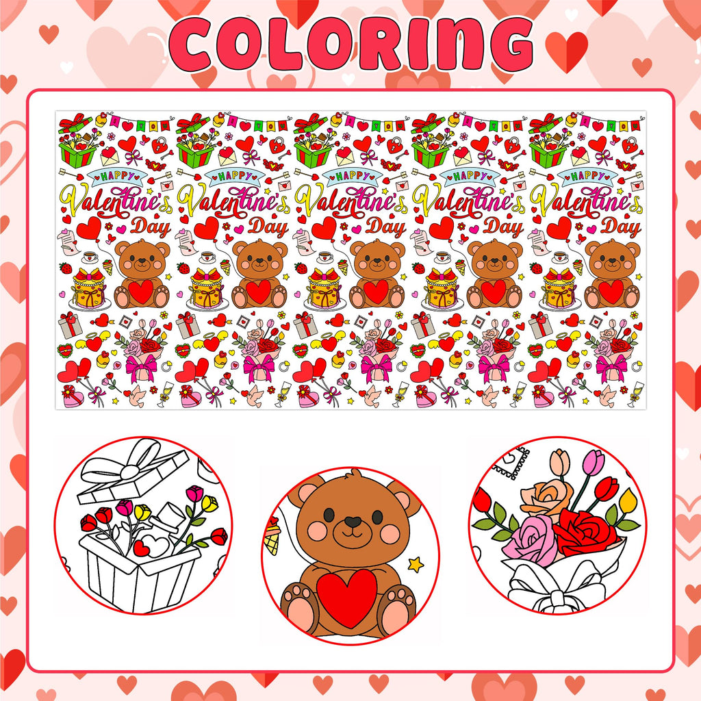 2-Pack Valentines Day Coloring Tablecloth Poster 54x108 Inches - Giant Kids Coloring Banner for Classroom Party Activities & Crafts