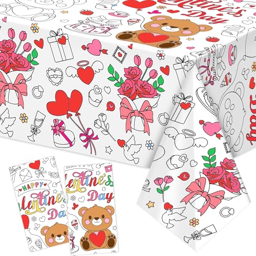 2-Pack Valentines Day Coloring Tablecloth Poster 54x108 Inches - Giant Kids Coloring Banner for Classroom Party Activities & Crafts
