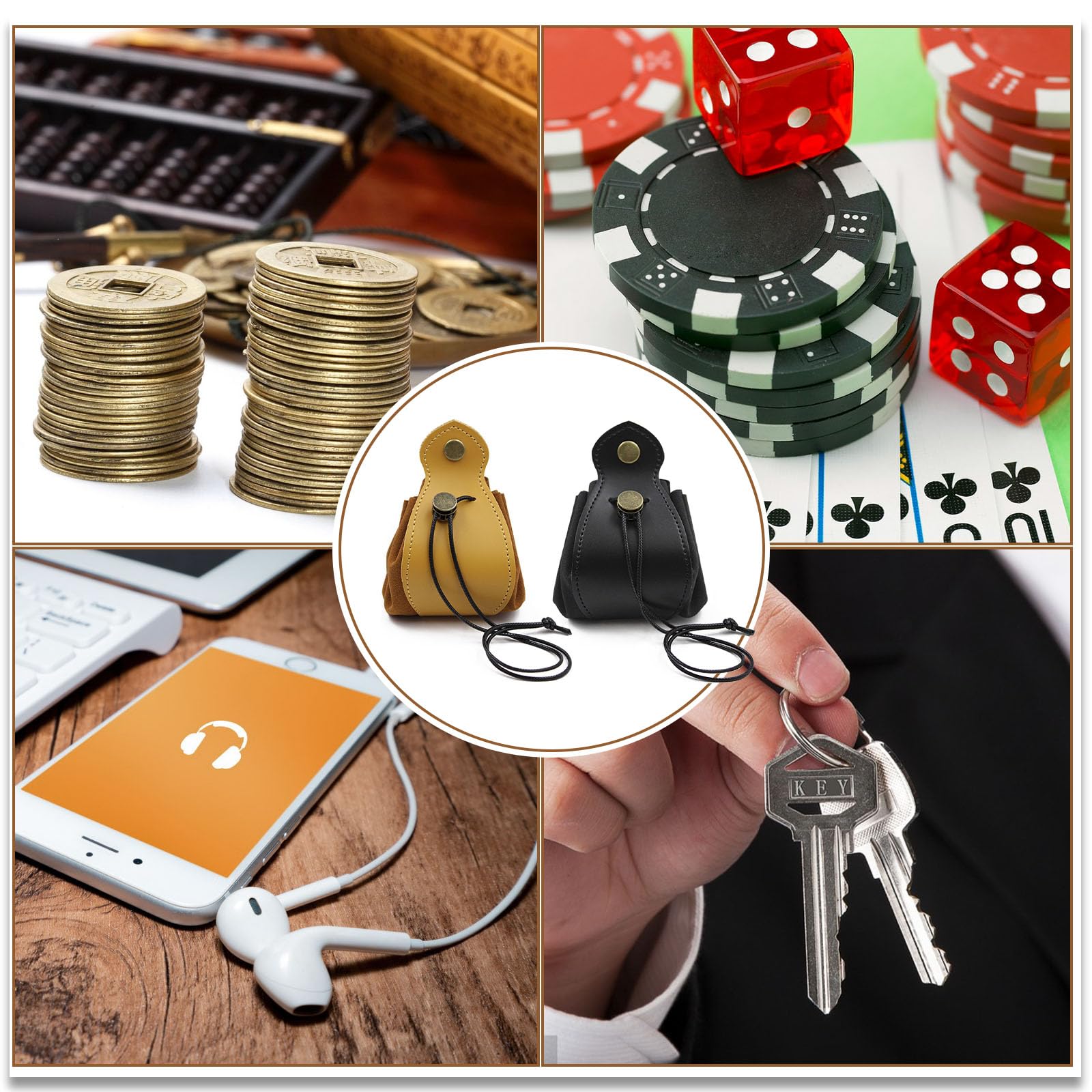 2-Piece PU Leather Dice Bag Set – Yellow and Black Drawstring Pouches for Dice, Coins &amp; Small Items