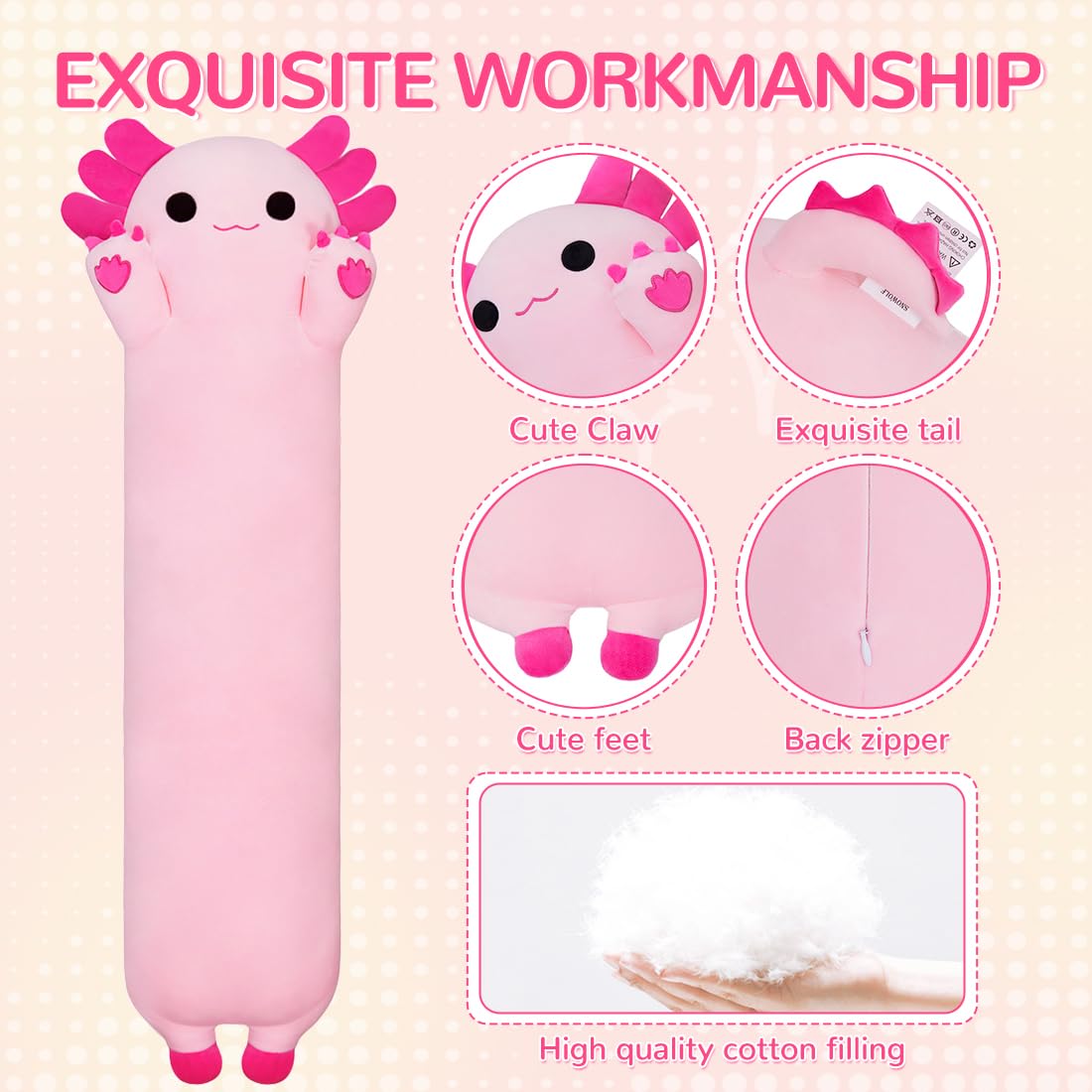 20-Inch Pink Axolotl Plush Toy - Chubbyjoy Long Body Pillow, Soft & Safe Stuffed Animal