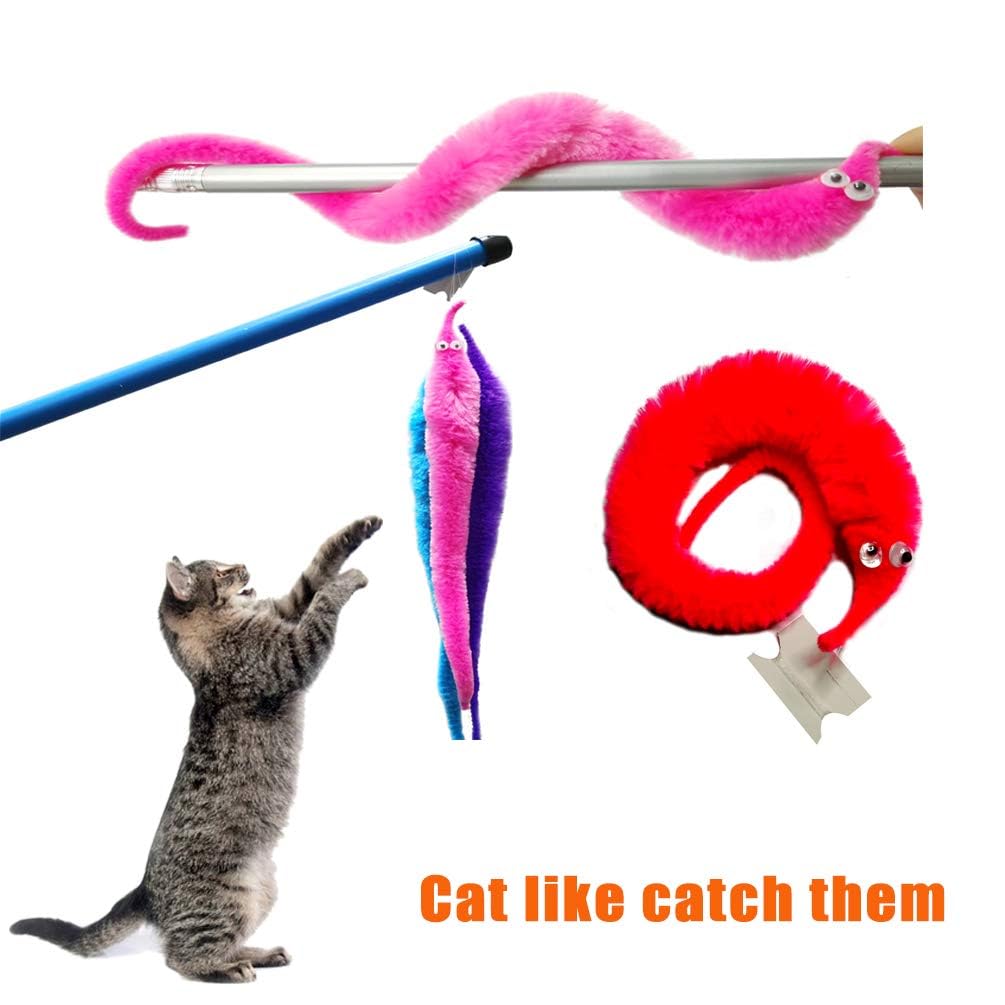 20 Pack Fuzzy Worm Toys on String – Bulk Party Favors with 10 Colors for Kids and Cats